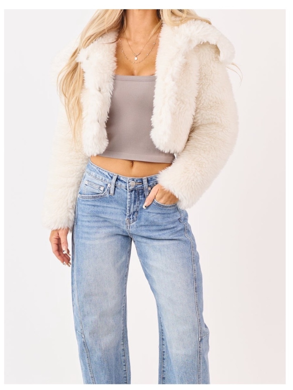 🟤NWT COALITION LA Faux Fur Cropped Button-Down Jacket in Off-White LARGE